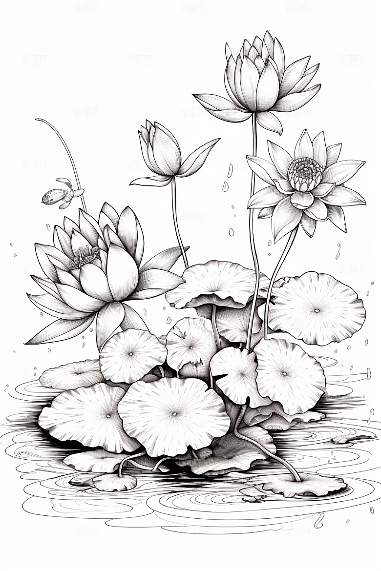 素描荷花池塘工笔画艺术插画