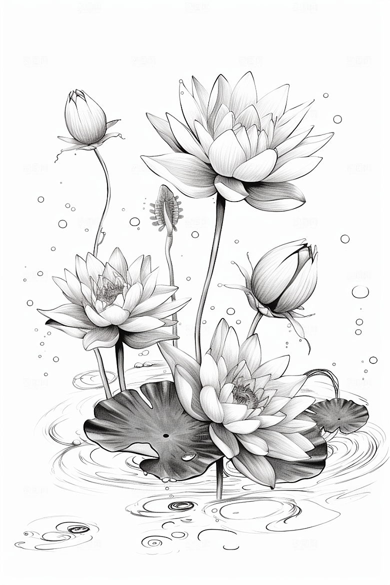 素描荷花池塘写生艺术插画