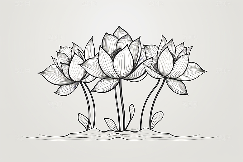 素描荷花池塘写实莲花插画