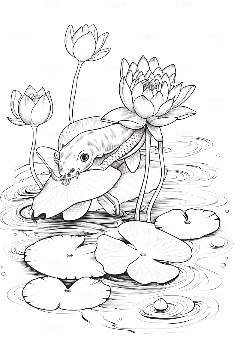 素描荷花池塘写生锦鲤戏水插画