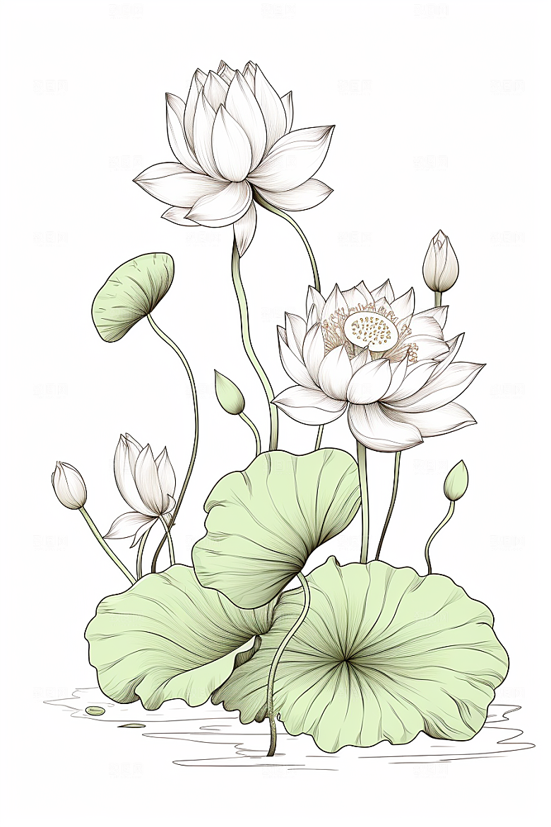 素描荷花池塘写实莲花插画