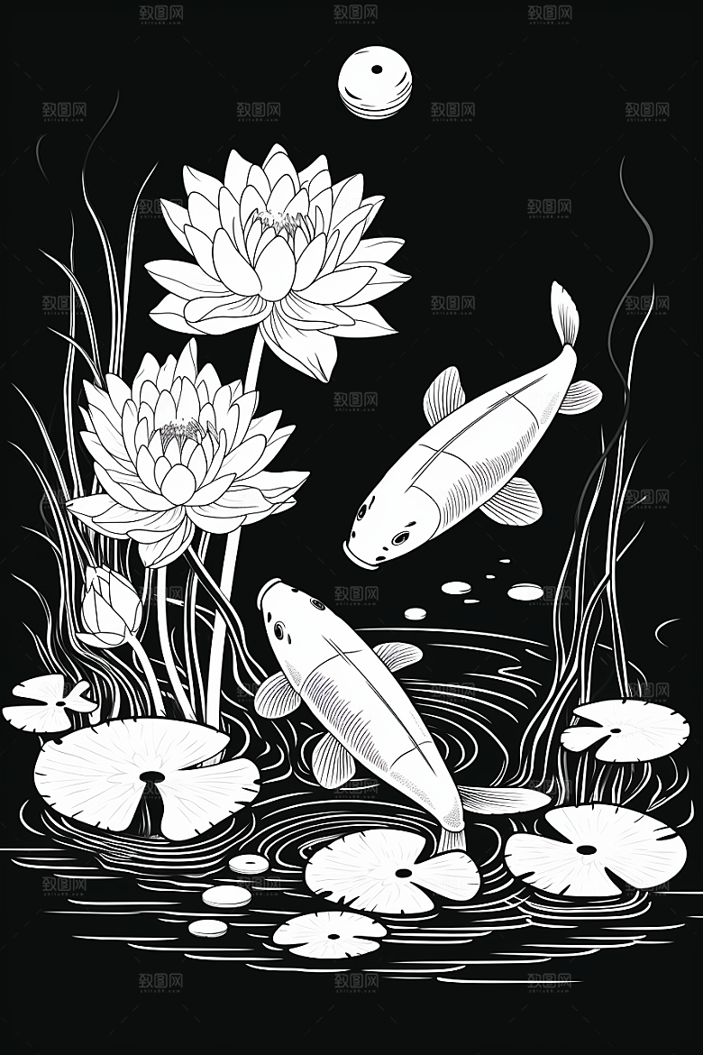 素描荷花池塘莲花艺术插画