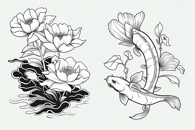 素描荷花池塘艺术锦鲤戏水插画