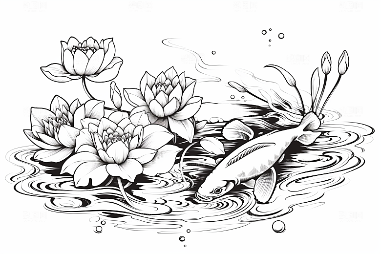 素描荷花池塘莲花写实插画