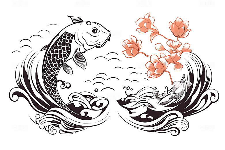 素描荷花池塘锦鲤戏水莲花插画