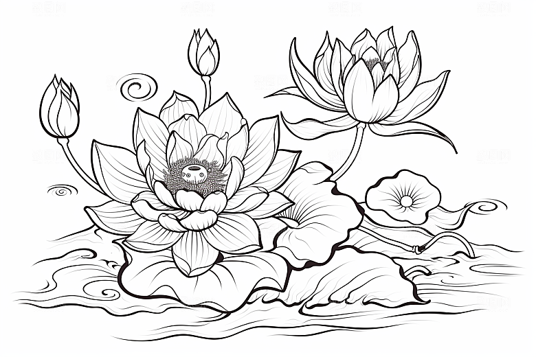 素描荷花池塘写实锦鲤戏水插画