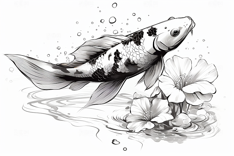 素描荷花池塘工笔画写实插画