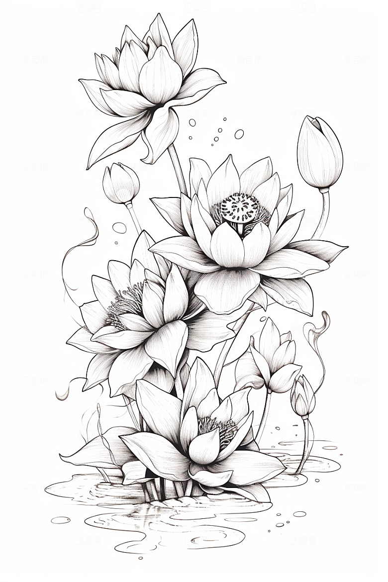 素描荷花池塘工笔画写实插画