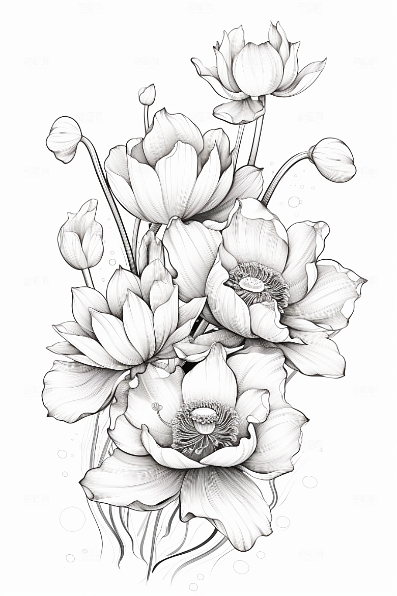 素描荷花池塘写实艺术插画