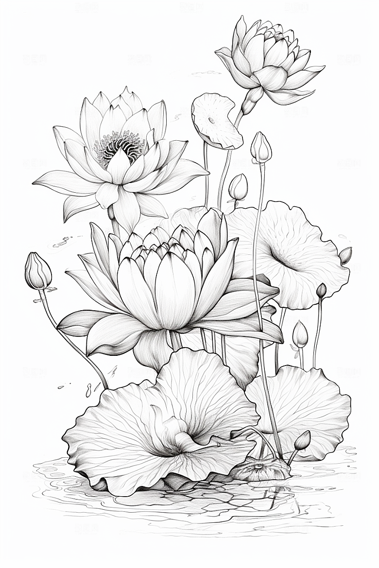 素描荷花池塘写实工笔画插画