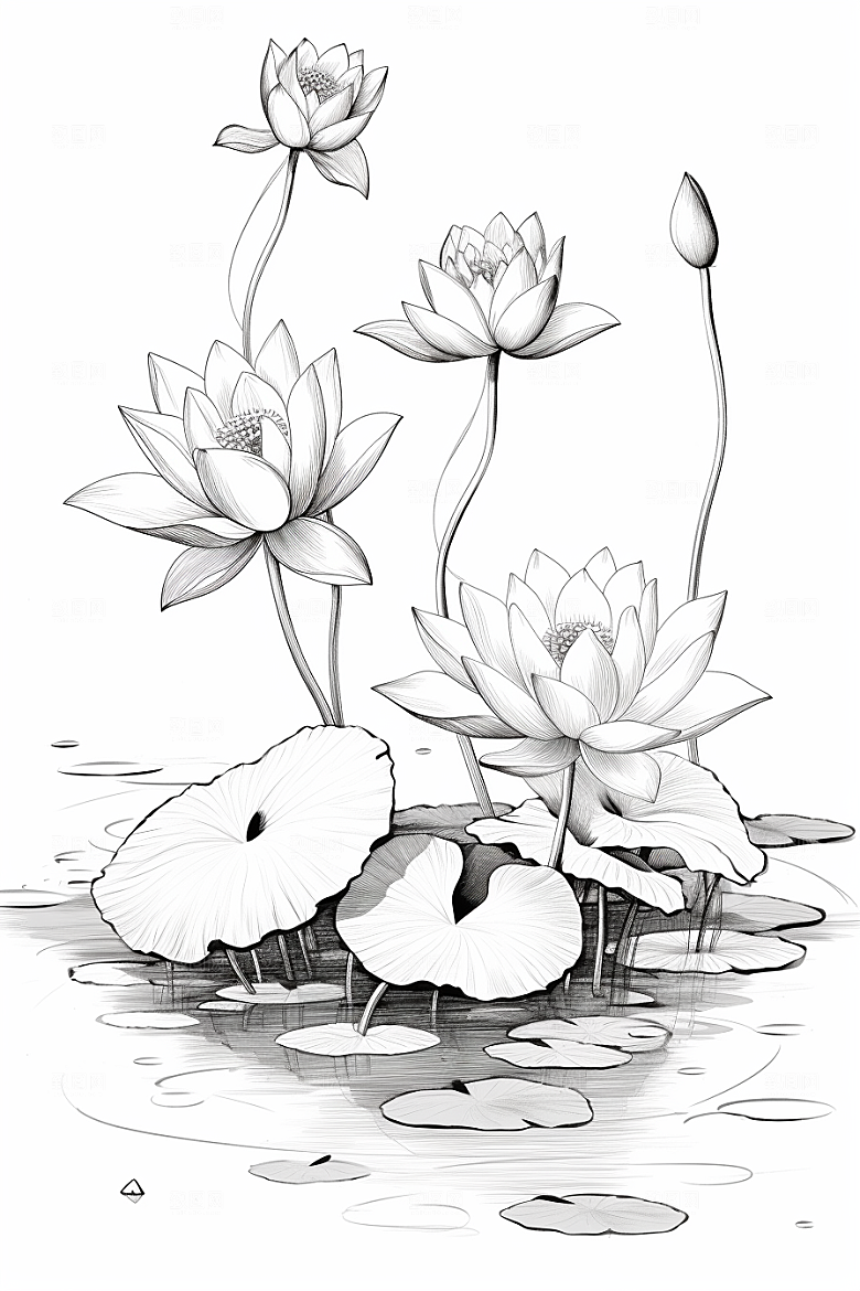 素描荷花池塘写实艺术插画