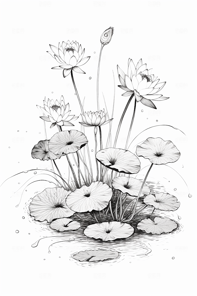 素描荷花池塘写生写实插画
