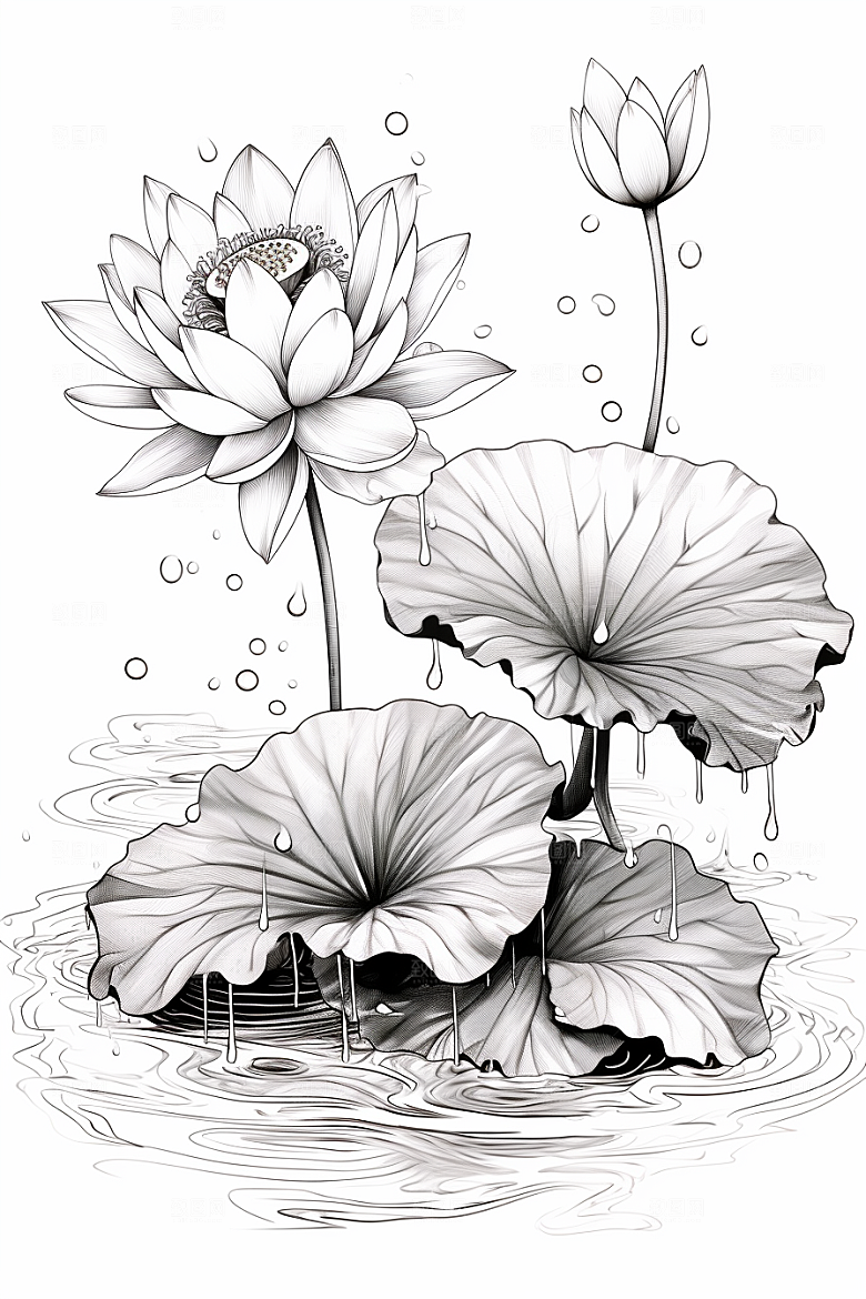 素描荷花池塘莲花荷塘插画