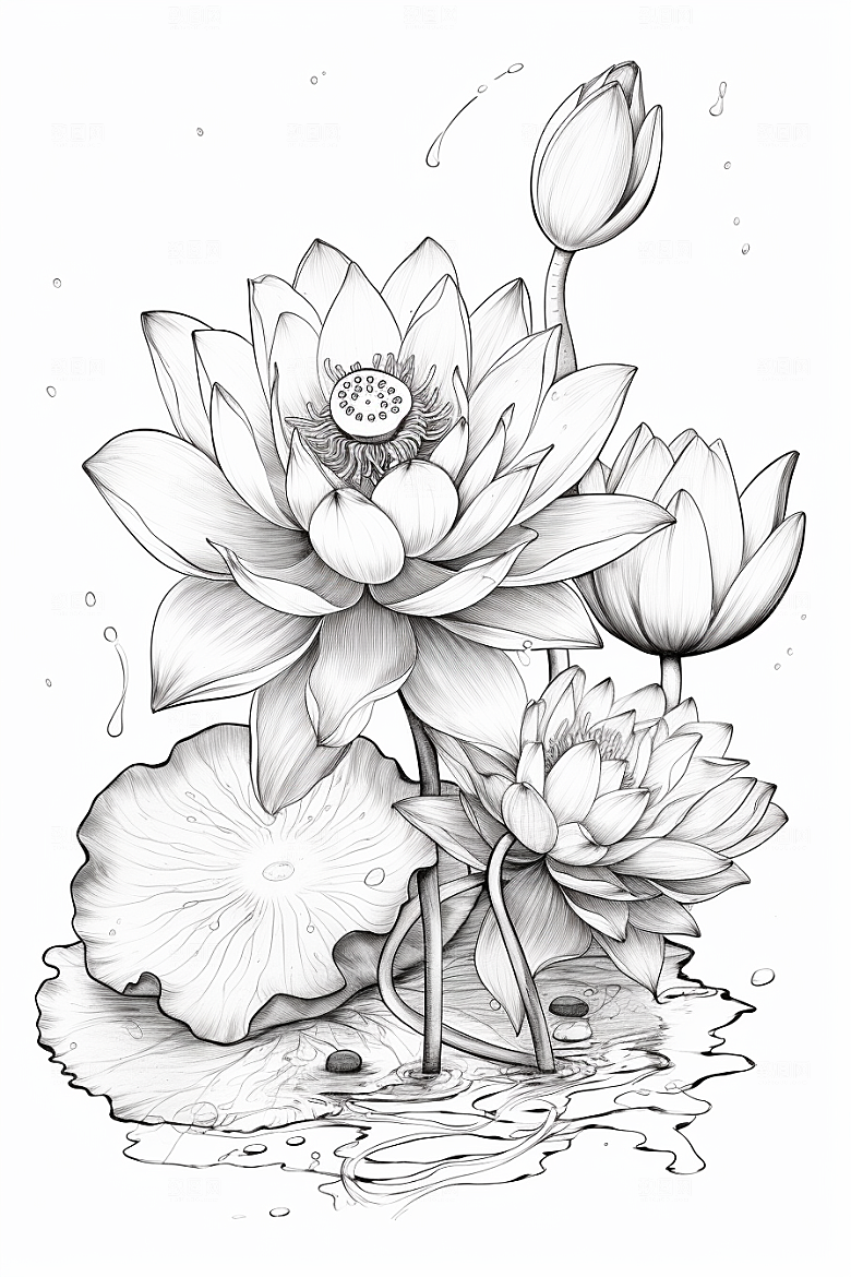 素描荷花池塘工笔画写实插画