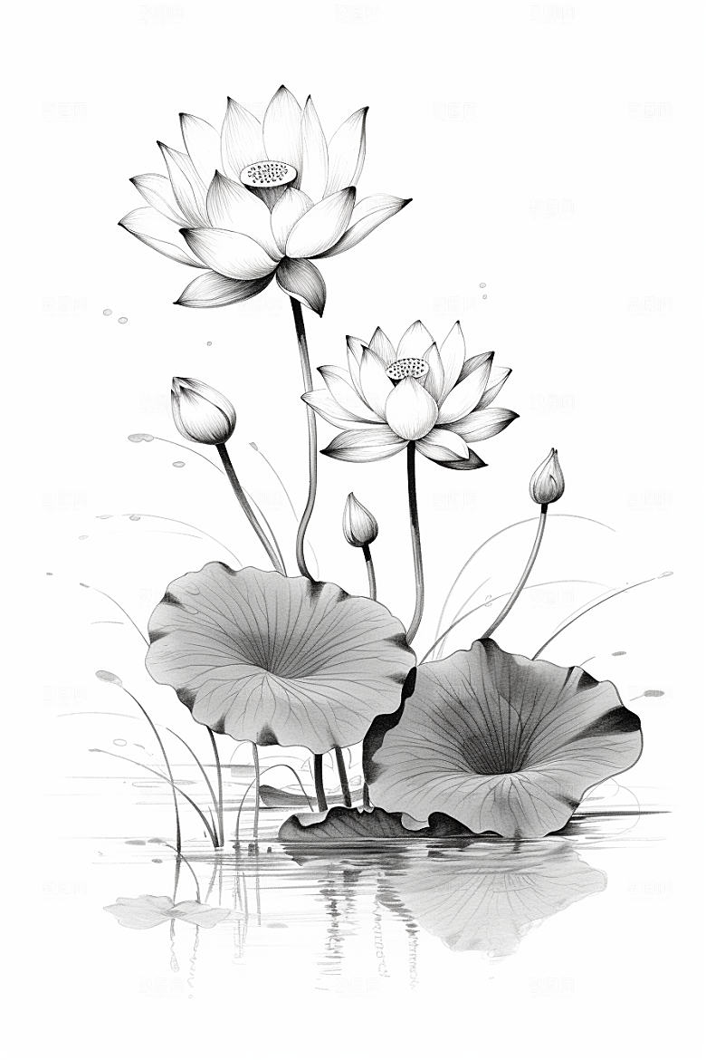 素描荷花池塘写实莲花插画