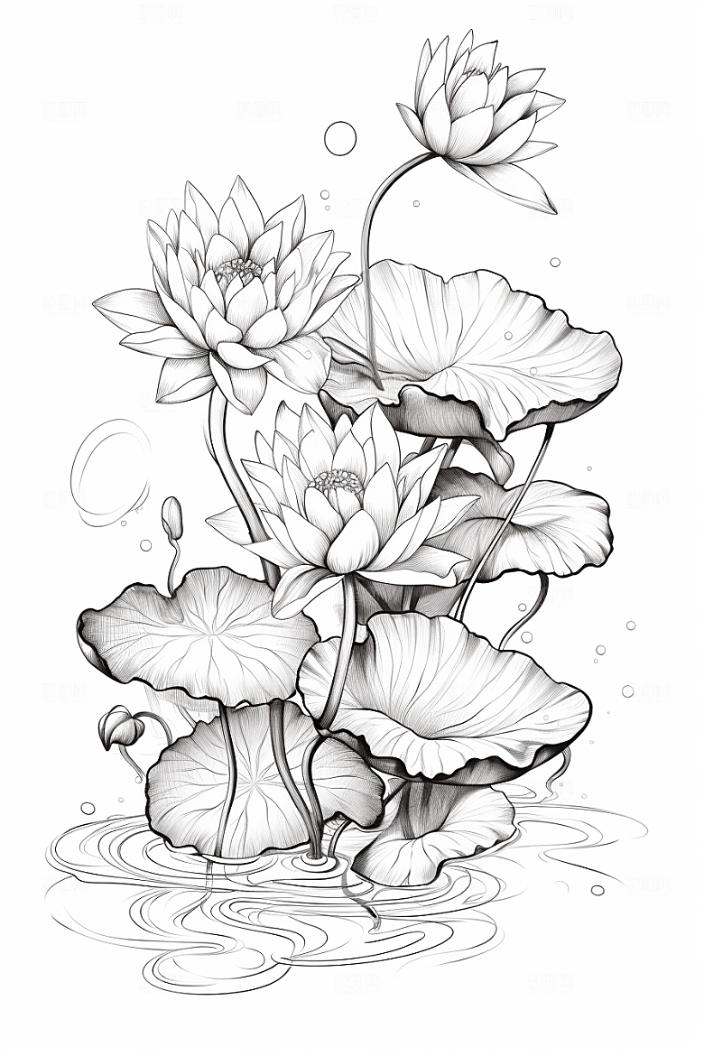 素描荷花池塘锦鲤戏水写生插画