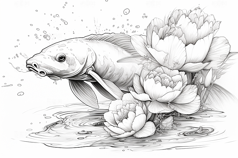 素描荷花池塘写生锦鲤戏水插画