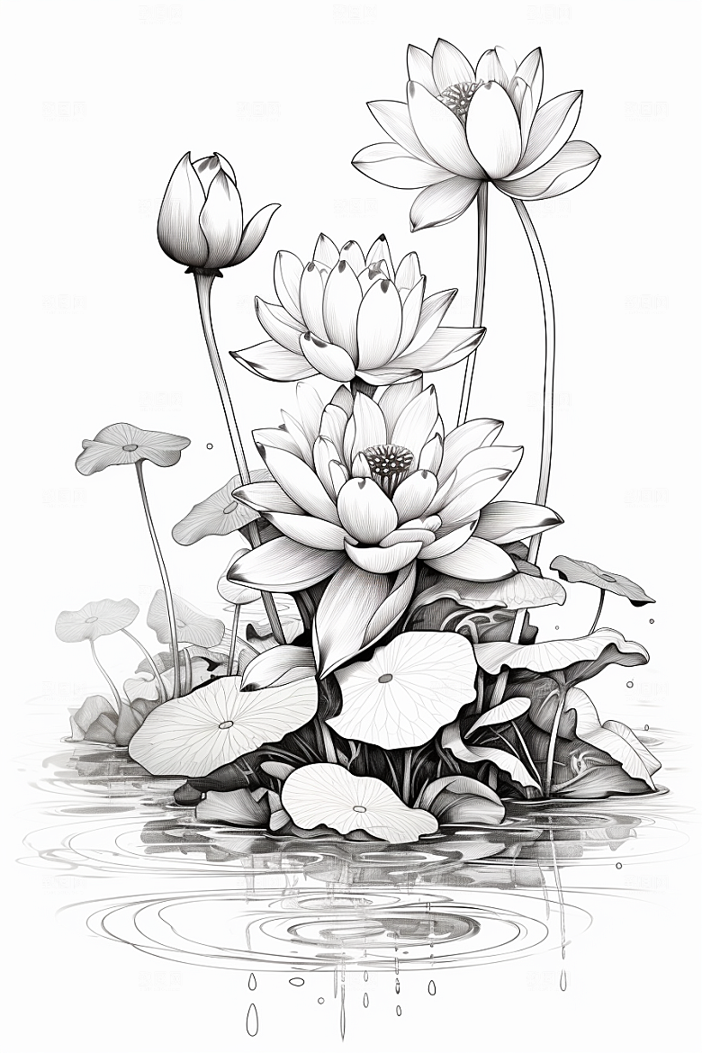 素描荷花池塘荷塘工笔画插画