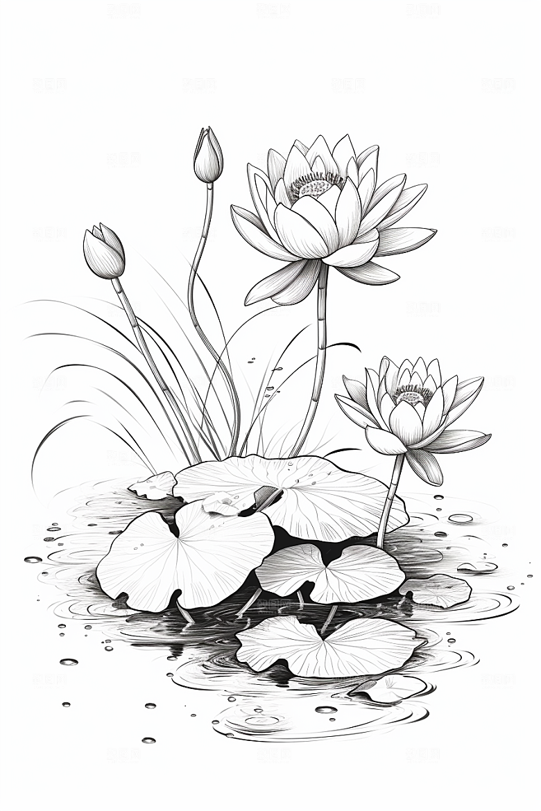 素描荷花池塘工笔画写生插画
