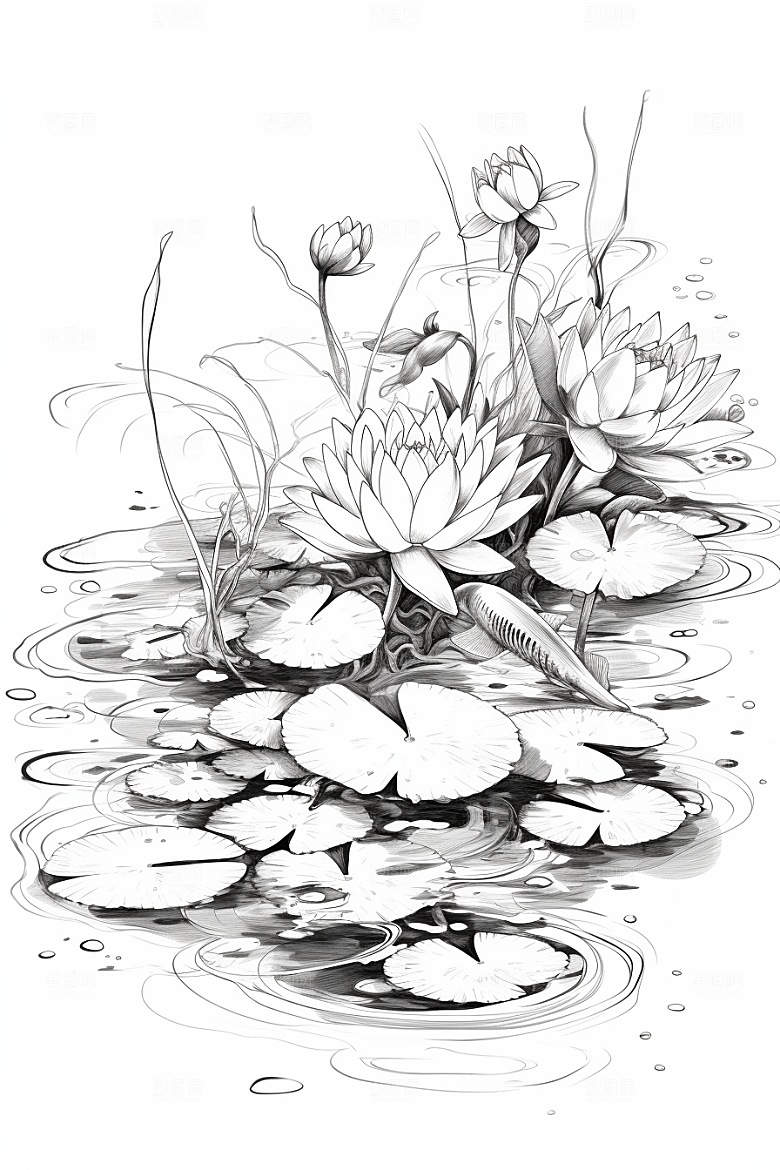 素描荷花池塘锦鲤戏水写生插画