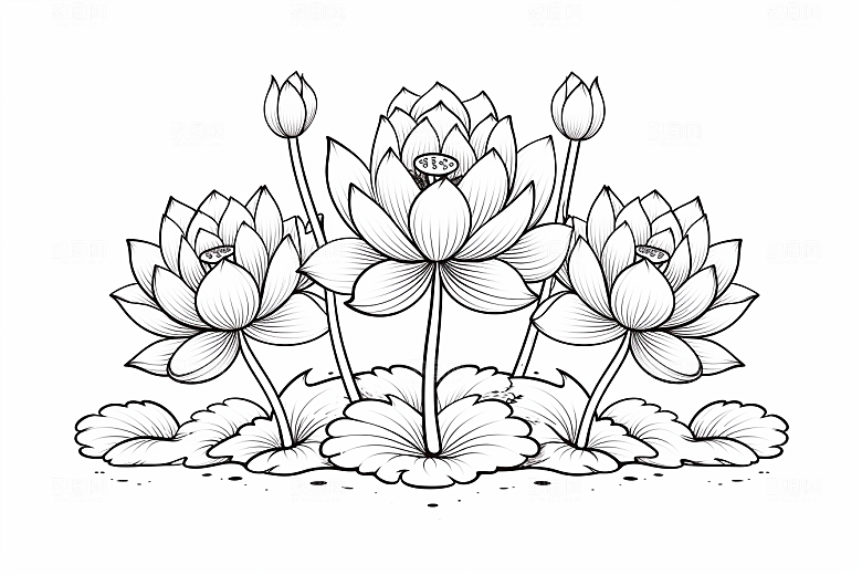 素描荷花池塘莲花艺术插画