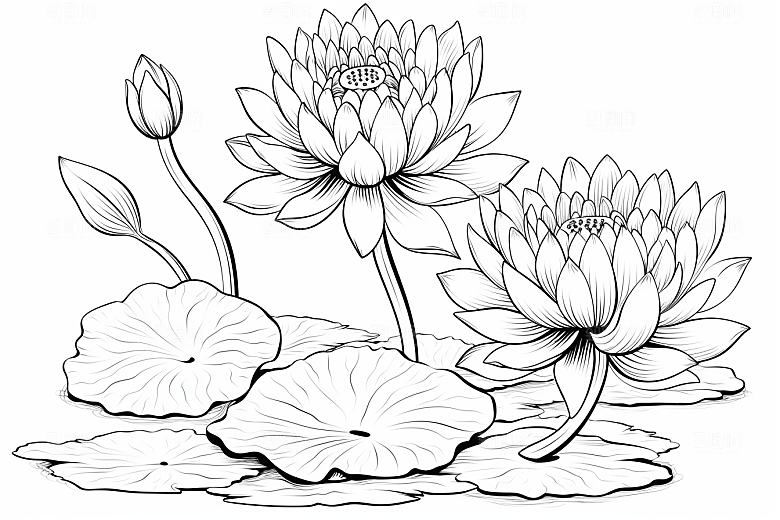 素描荷花池塘艺术锦鲤戏水插画