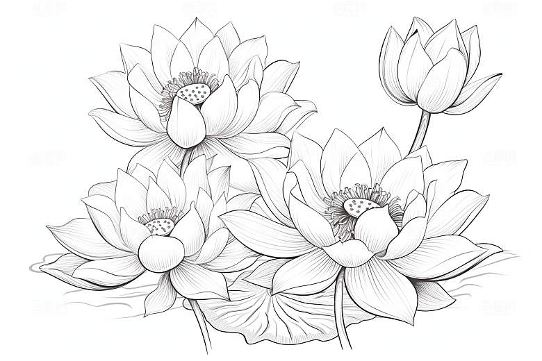 素描荷花池塘莲花锦鲤戏水插画