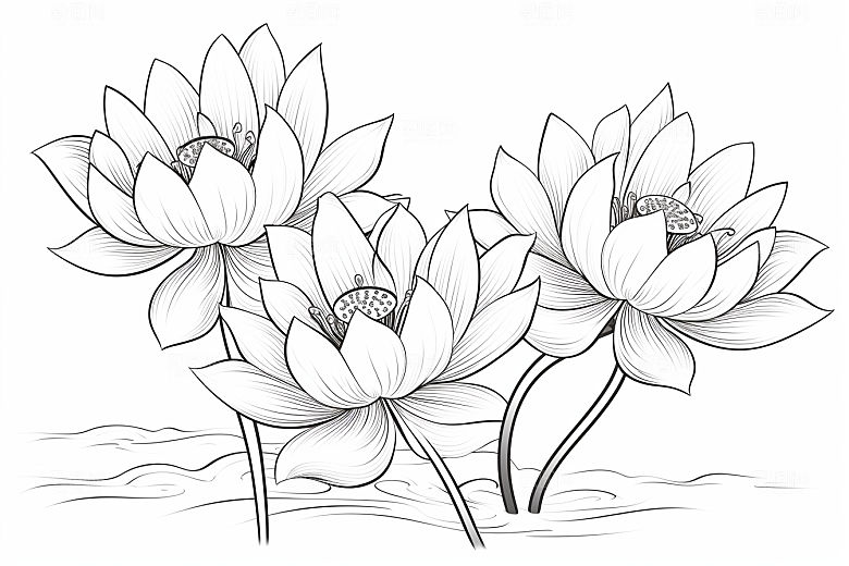 素描荷花池塘锦鲤戏水荷塘插画