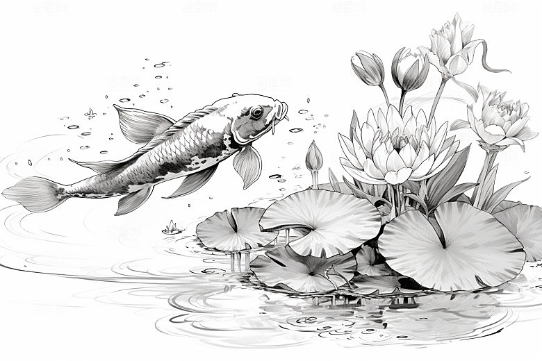 素描荷花池塘艺术莲花插画