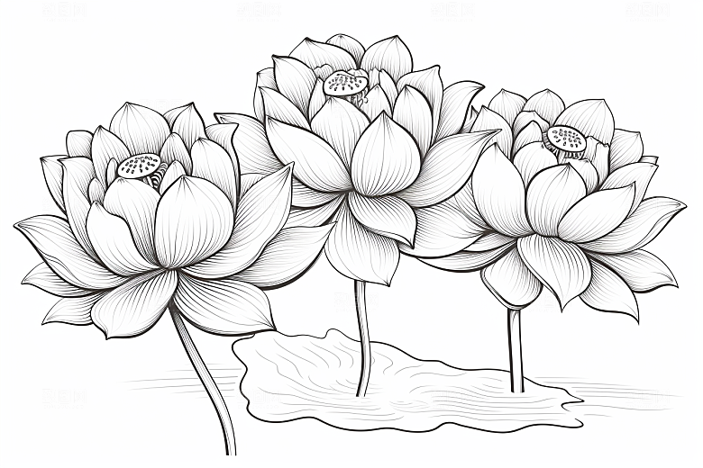素描荷花池塘工笔画写实插画
