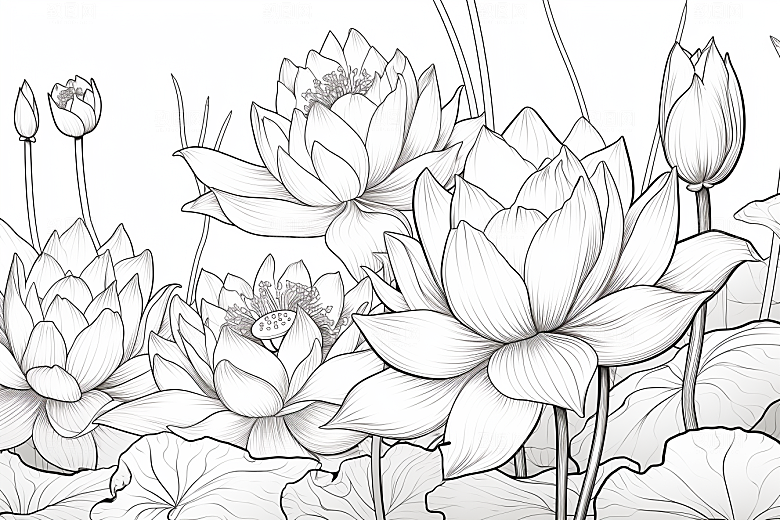 素描荷花池塘手绘写生插画