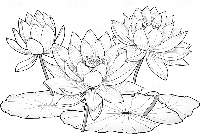 素描荷花池塘工笔画艺术插画