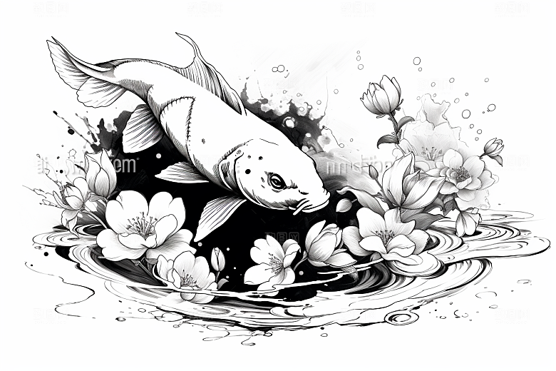 素描荷花池塘莲花手绘插画