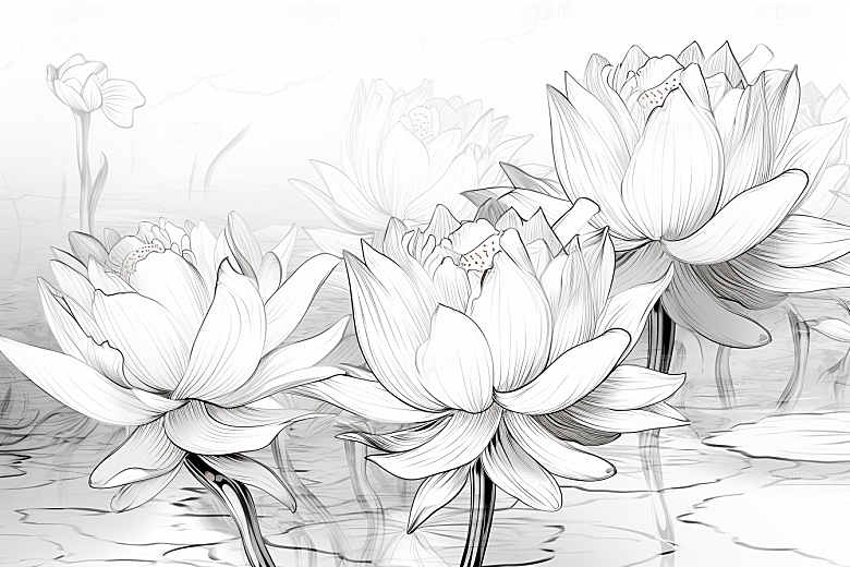 素描荷花池塘手绘荷塘插画