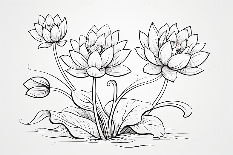 素描荷花池塘手绘荷塘插画