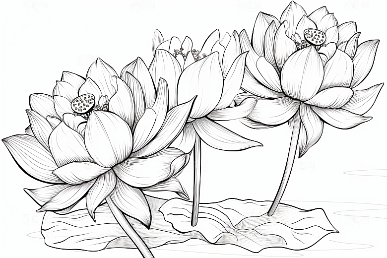 素描荷花池塘手绘莲花插画