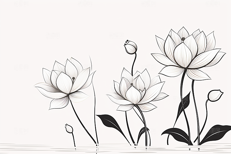 素描荷花池塘艺术写实插画