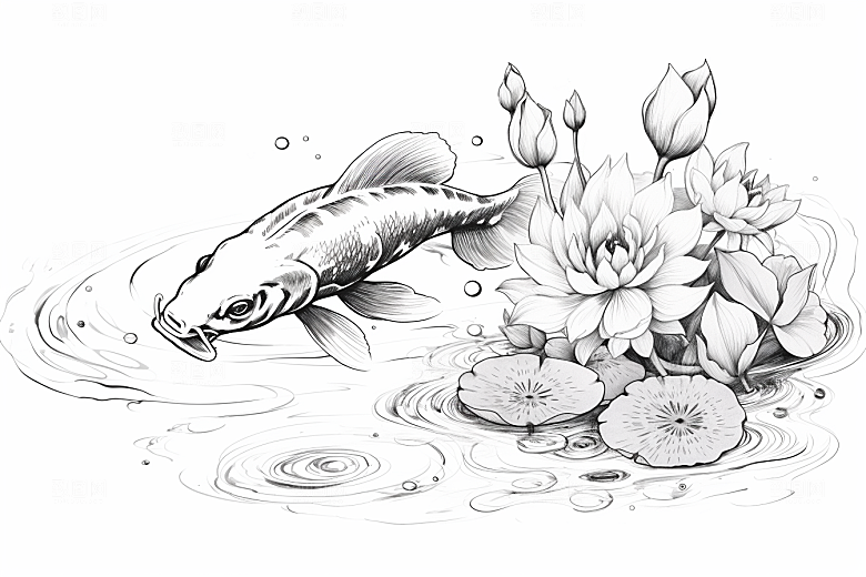 素描荷花池塘写实锦鲤戏水插画