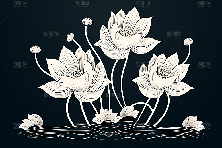 素描荷花池塘写生艺术插画
