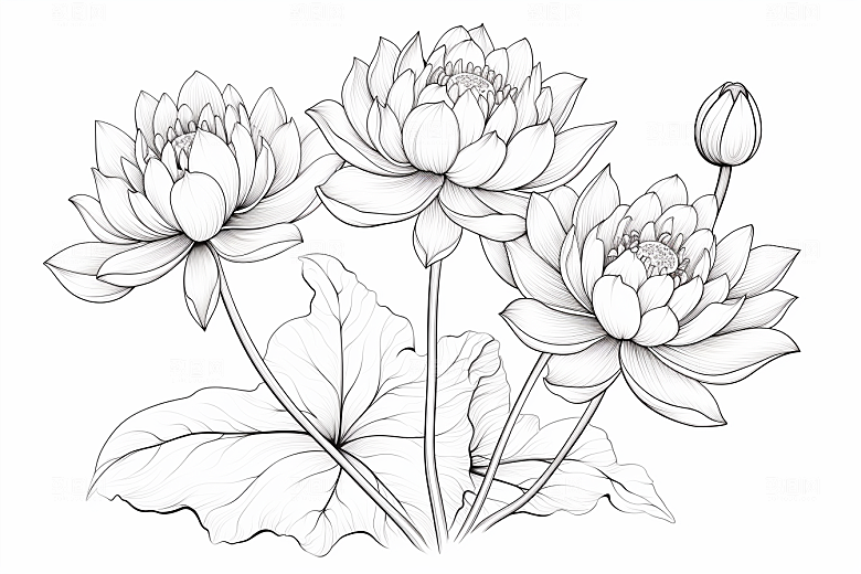 素描荷花池塘写实荷塘插画