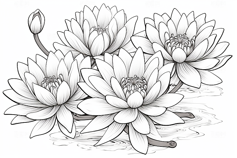 素描荷花池塘莲花艺术插画