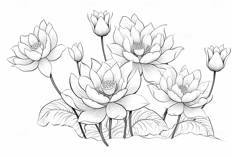 素描荷花池塘锦鲤戏水莲花插画