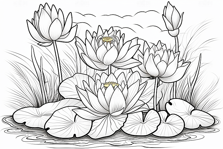素描荷花池塘工笔画荷塘插画