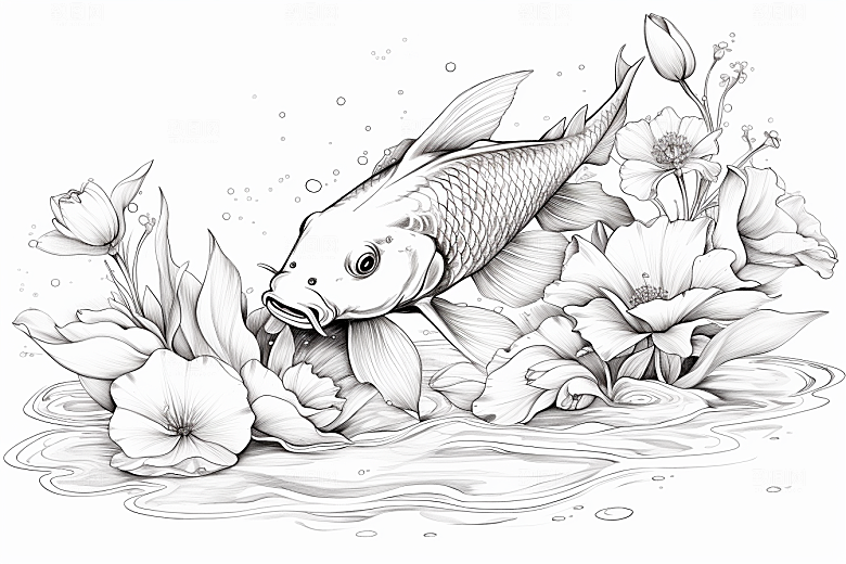 素描荷花池塘莲花锦鲤戏水插画