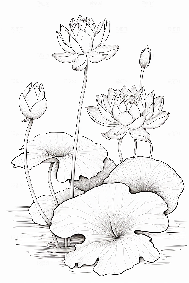 素描荷花池塘工笔画莲花插画