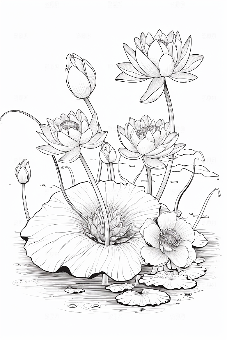 素描荷花池塘莲花工笔画插画