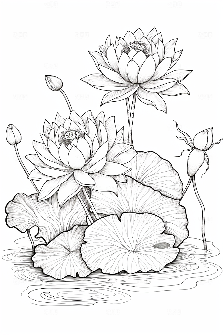 素描荷花池塘写实锦鲤戏水插画