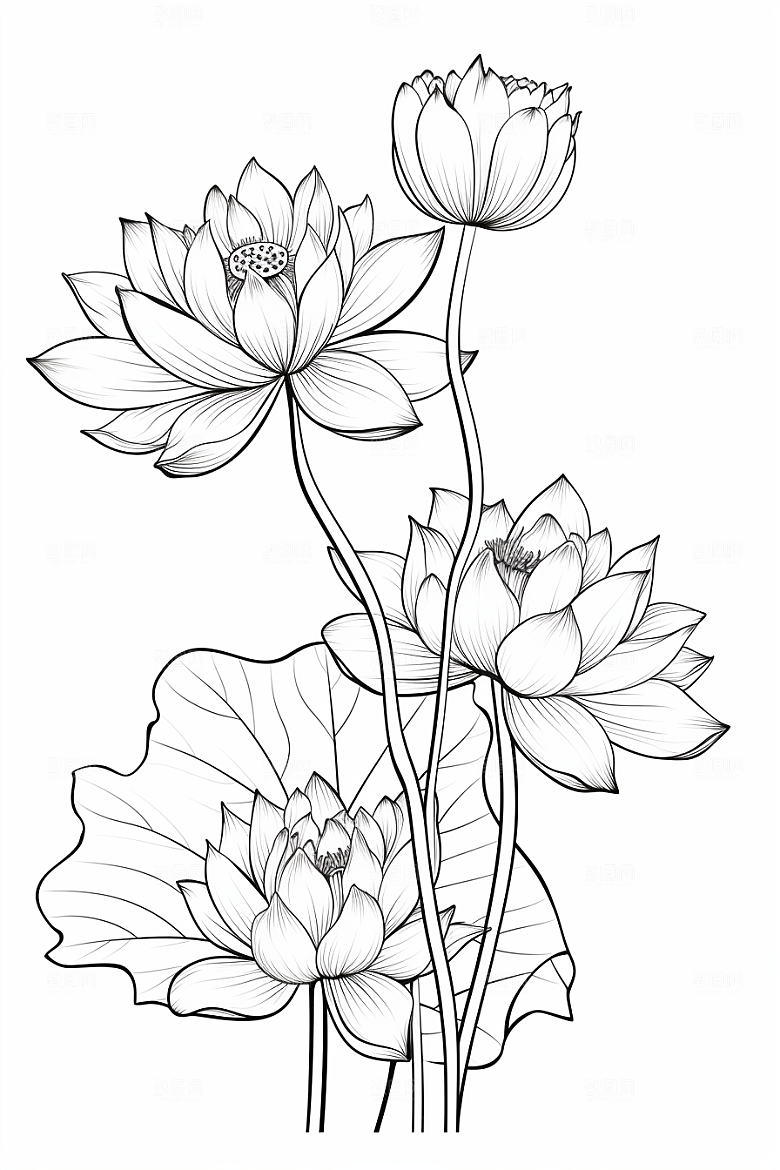 素描荷花池塘莲花写实插画