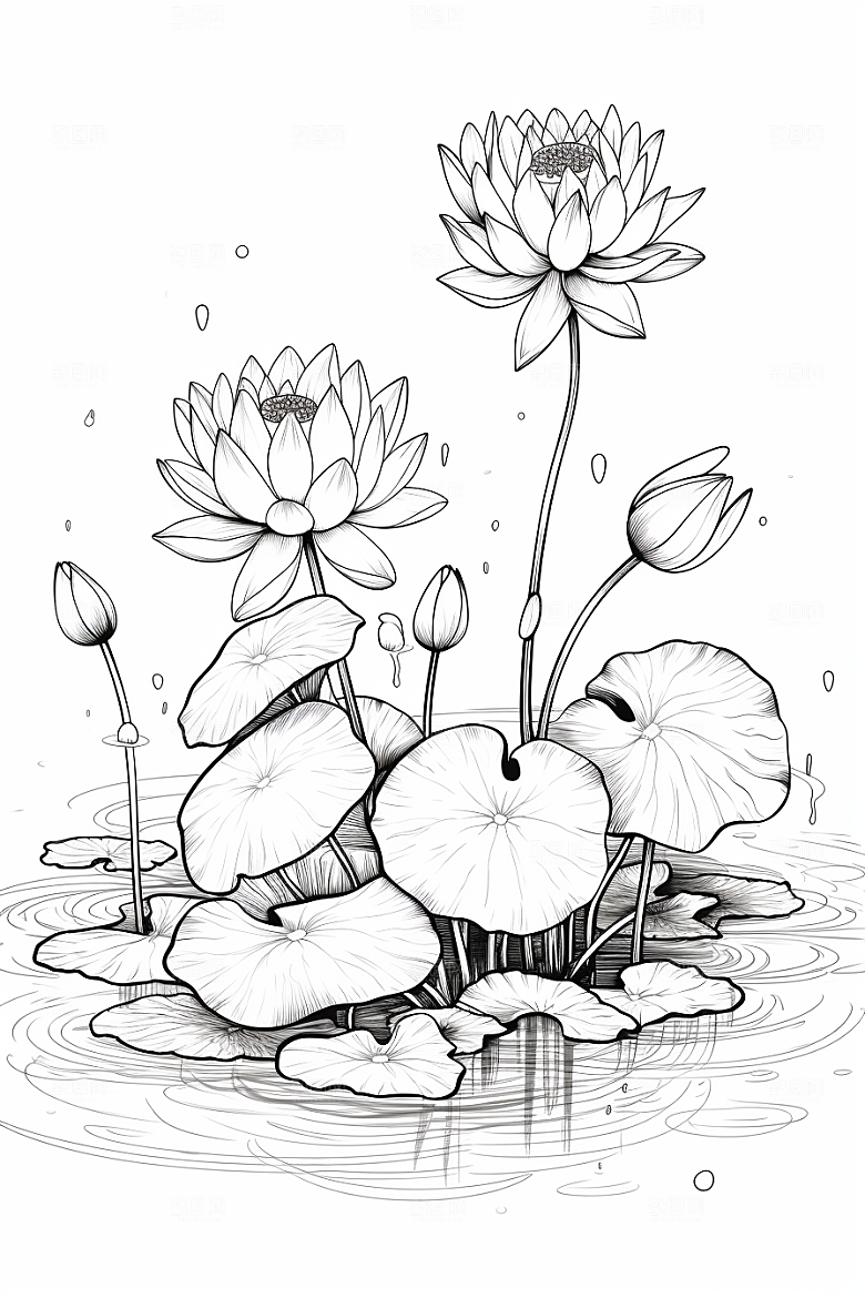素描荷花池塘莲花工笔画插画