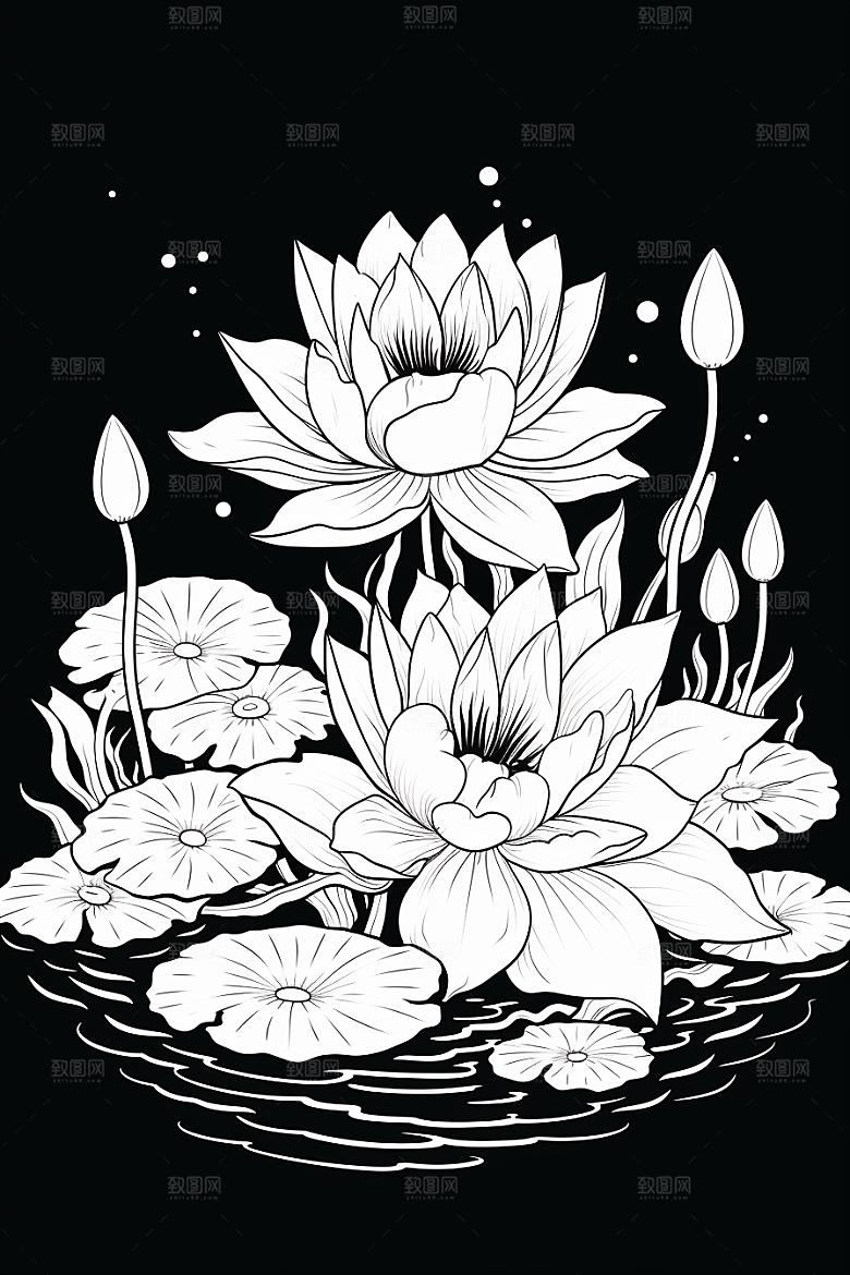 素描荷花池塘手绘莲花插画